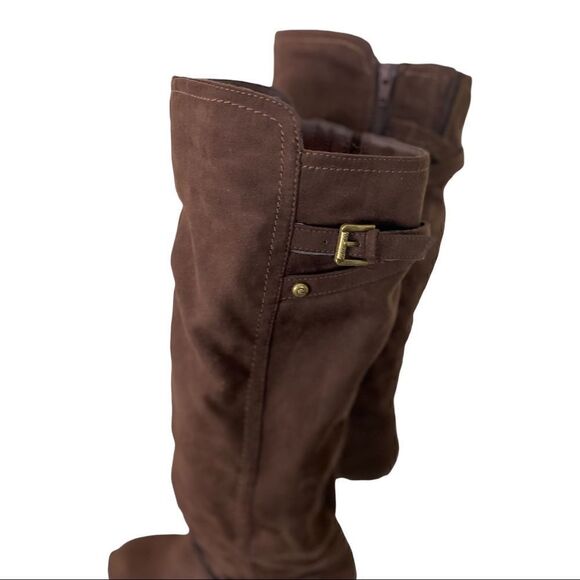 #300 G by GUESS brown vegan suede heeled boots - Picture 2 of 10